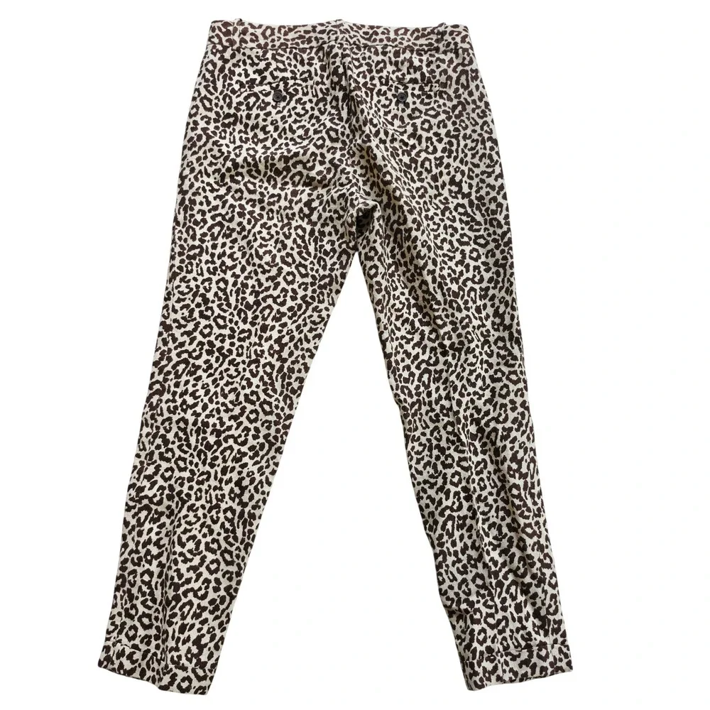 J. Crew Cafe Capri Leopard Print 100% Linen Pants Brown Tan Women Size 2